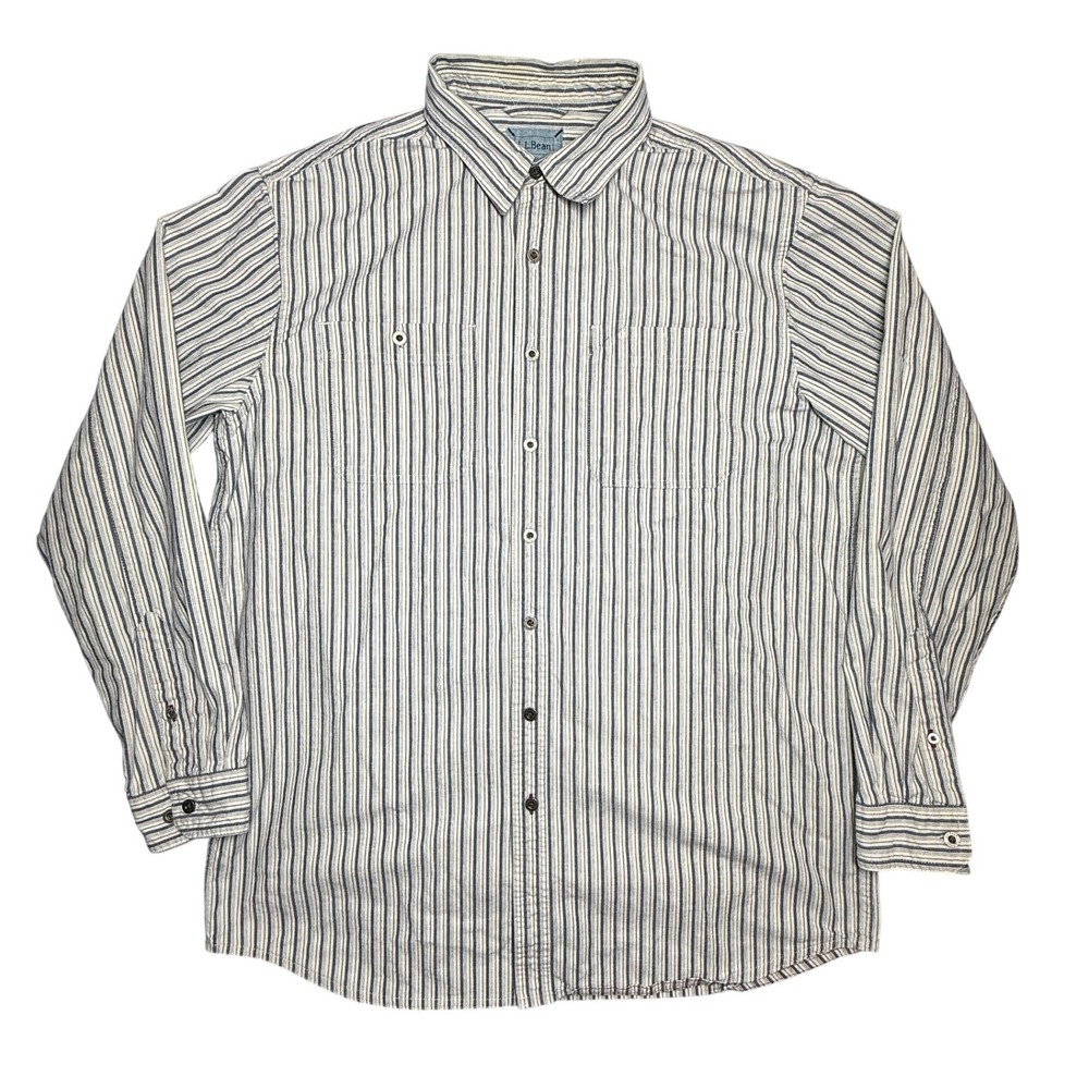L.L. Bean Utility Work Shirt Mens XL Gray Blue Striped Heavy Cotton Metal Button